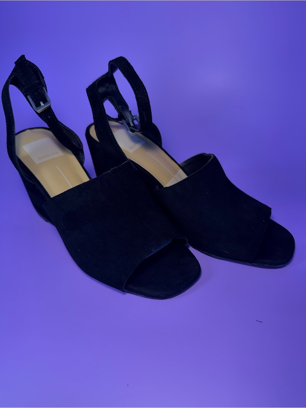 Dolce Vita Black Suede Peep-Toe Wedge Sandals with Ankle Strap - Picture 3 of 6